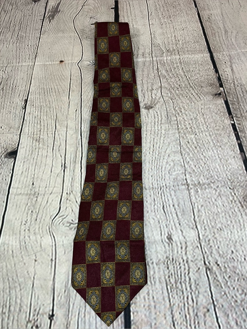 Vintage Christian Dior Cravate Silk Mens Tie Geometric Maroon Gold 55 Inches